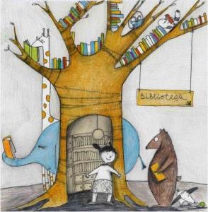  Un bosque, una biblioteca, libros y lectores Ilustración de Francesca Quatraro